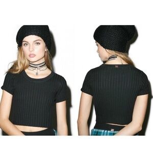 For Love and Lemons KNITZ Back To Basics Ribbed Knit Black Crop Top Size XS EUC